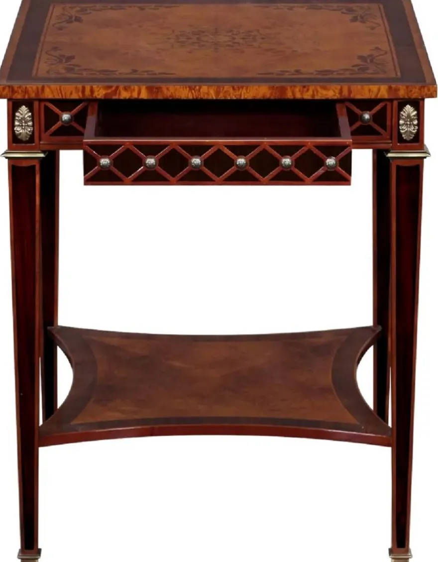 Casa Padrino Luxus Art Deco Beistelltisch Naturfarben / Braun Intarsien / Silber / Antik Messing 61 x 61 x H. 77 cm - Quadratischer Massivholz Tisch mit Schublade - Luxus Art Deco Wohnzimmer Möbel