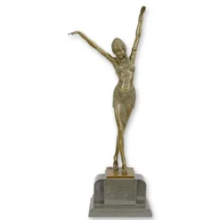 Casa Padrino Luxus Art Deco Bronzefigur Ägyptische Tänzerin mit erhobenen Armen Bronze / Braun / Schwarz 12,1 x 23,1 x H. 55 cm - Bronze Skulptur mit Marmorsockel - Ägypten Deko - Tänzerin Deko Figur