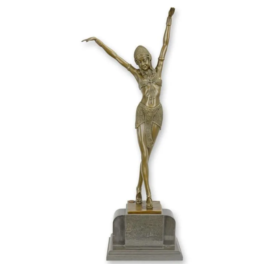 Casa Padrino Luxus Art Deco Bronzefigur Ägyptische Tänzerin mit erhobenen Armen Bronze / Braun / Schwarz 12,1 x 23,1 x H. 55 cm - Bronze Skulptur mit Marmorsockel - Ägypten Deko - Tänzerin Deko Figur
