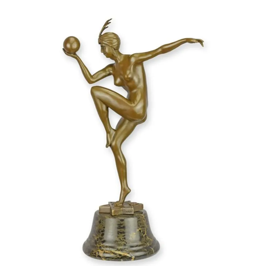 Casa Padrino Luxus Art Deco Bronzefigur Tänzerin Stella mit Kugel Bronze / Schwarz 13 x 21,5 x H. 39,1 cm - Bronze Skulptur mit Marmorsockel - Tänzerin Deko Figur - Art Deco Deko
