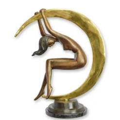 Casa Padrino Luxus Art Deco Bronzefigur Tänzerin im Halbmond Bronze / Gold / Schwarz 23 x 48,7 x H. 56,4 cm - Bronze Skulptur mit Marmorsockel - Barock & Art Deco Deko