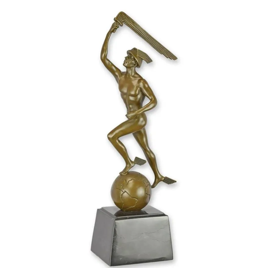 Casa Padrino Luxus Art Deco Bronzefigur Merkur auf der Weltkugel Bronze / Schwarz 8,4 x 13,4 x H. 36,7 cm - Bronze Skulptur mit Marmorsockel - Merkur Deko Figur - Büro Deko