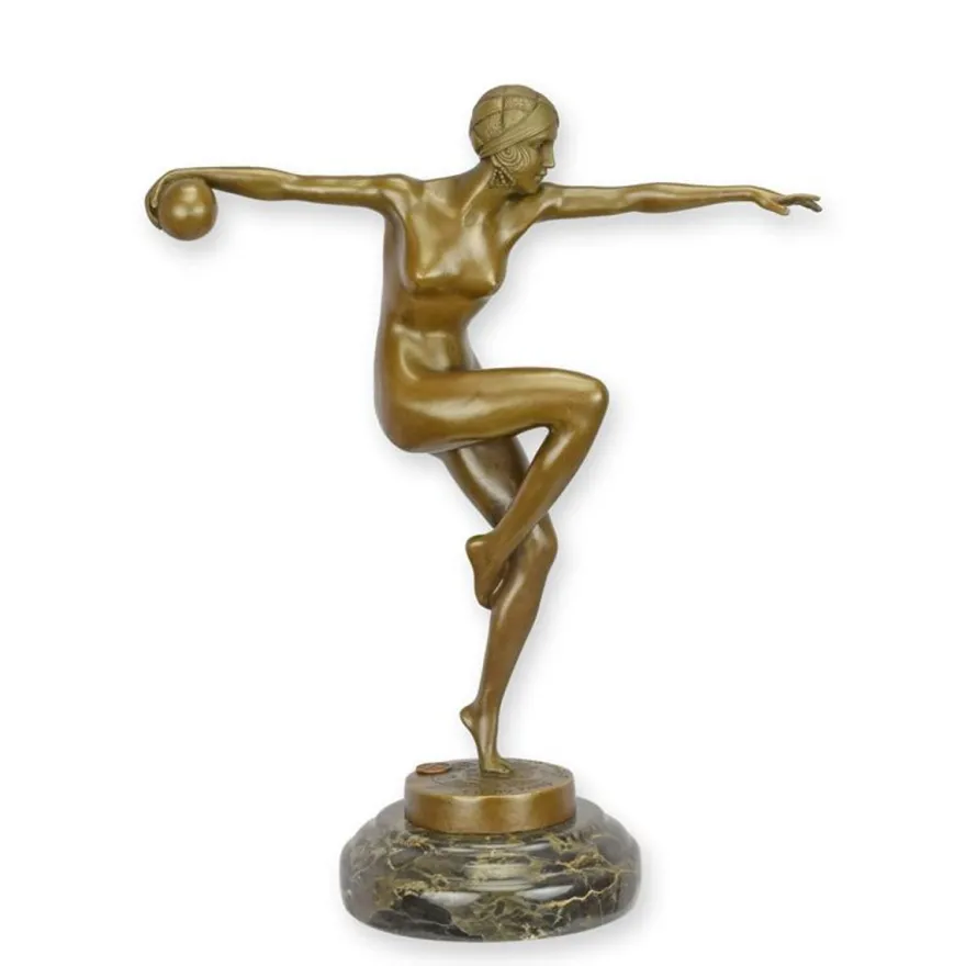 Casa Padrino Luxus Art Deco Bronzefigur Tänzerin mit Ball Bronze / Schwarz 12,5 x 27 x H. 34 cm - Bronze Skulptur mit Marmorsockel - Tänzerin Deko Figur - Art Deco Deko