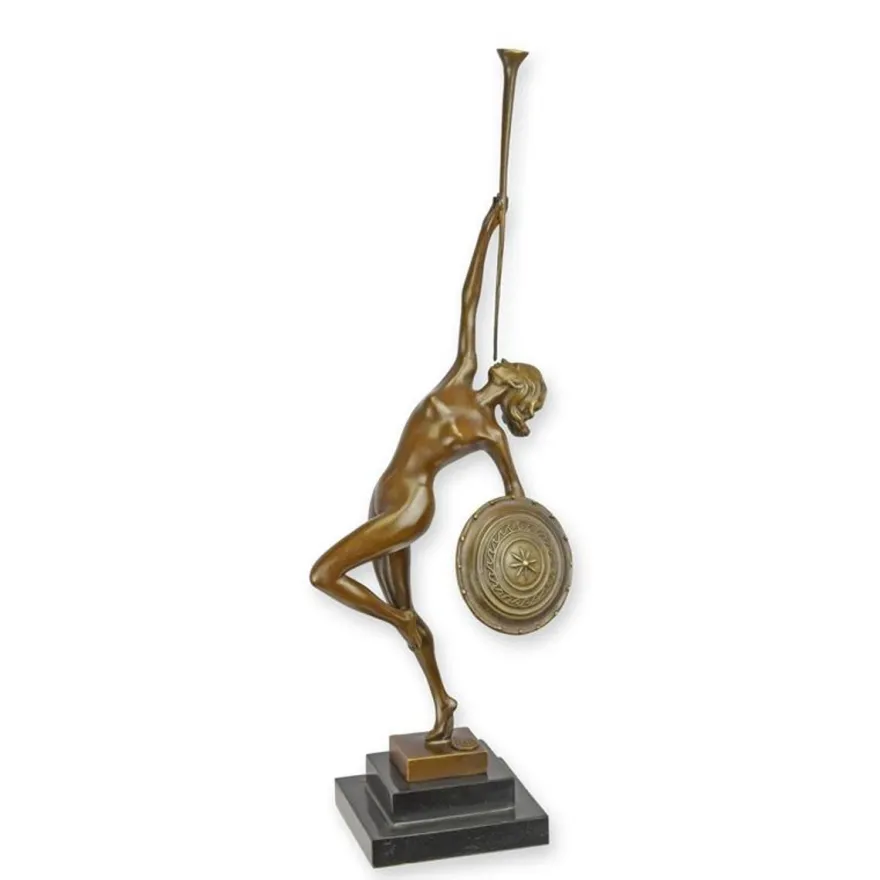 Casa Padrino Luxus Art Deco Bronzefigur Trompeterin mit Schild Bronze / Schwarz 10,1 x 14,3 x H. 43,1 cm - Bronze Skulptur mit Marmorsockel - Tänzerin Deko Figur - Art Deco Deko