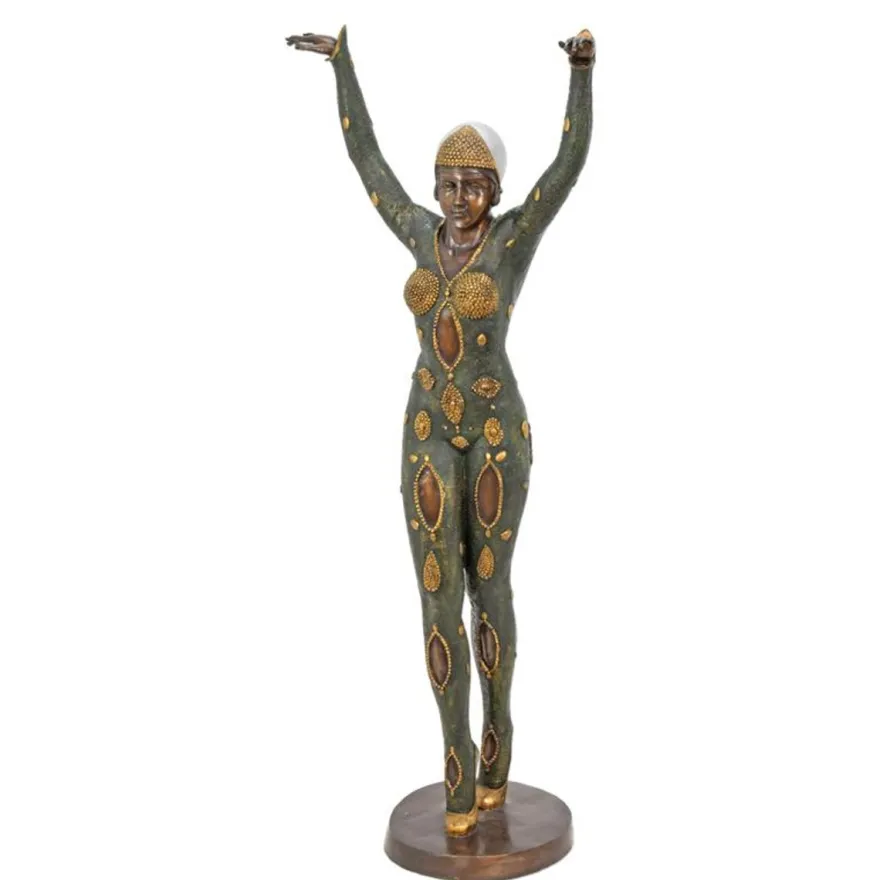 Casa Padrino Luxus Art Deco Bronzefigur Tänzerin Dourga Grün / Gold 57 x H. 137 cm - Große Bronze Skulptur - Barock & Art Deco Deko Accessoires