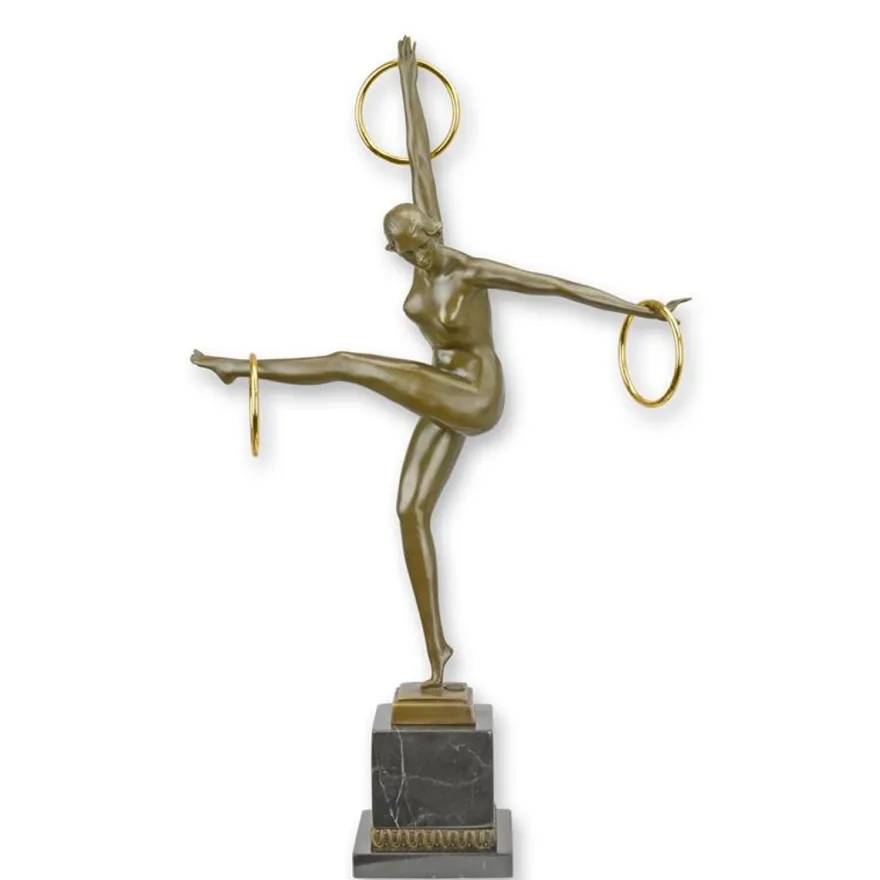 Casa Padrino Luxus Art Deco Bronzefigur Tänzerin mit drei Reifen Bronze / Gold / Schwarz 11,1 x 35,6 x H. 58,2 cm - Bronze Skulptur mit Marmorsockel - Tänzerin Deko Figur - Art Deco Deko