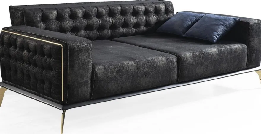 Casa Padrino Luxus Art Deco Chesterfield Wohnzimmer Set Schwarz / Blau / Weiß - 2 Sofas & 2 Drehsessel & 1 Couchtisch - Edle Wohnzimmer Möbel