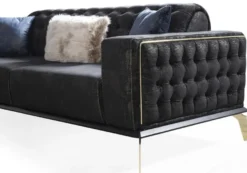 Casa Padrino Luxus Art Deco Chesterfield Wohnzimmer Set Schwarz / Blau / Weiß - 2 Sofas & 2 Drehsessel & 1 Couchtisch - Edle Wohnzimmer Möbel