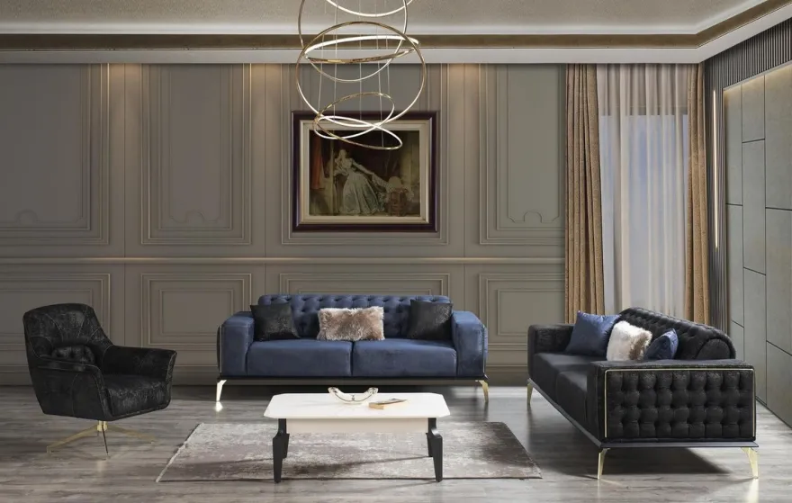 Casa Padrino Luxus Art Deco Chesterfield Wohnzimmer Set Schwarz / Blau / Weiß - 2 Sofas & 2 Drehsessel & 1 Couchtisch - Edle Wohnzimmer Möbel