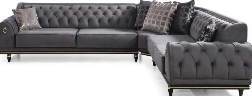 Casa Padrino Luxus Art Deco Chesterfield Wohnzimmer Set Grau / Schwarz / Gold - 1 Ecksofa mit Kissen & 1 Couchtisch - Edle Wohnzimmer Möbel - Luxus Qualität