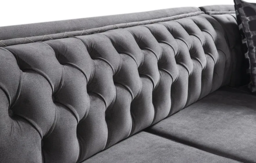 Casa Padrino Luxus Art Deco Chesterfield Wohnzimmer Set Grau / Schwarz / Gold - 1 Ecksofa mit Kissen & 1 Couchtisch - Edle Wohnzimmer Möbel - Luxus Qualität