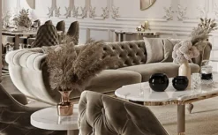 Casa Padrino Luxus Art Deco Chesterfield Sofa Grau / Gold - Prunkvolles Wohnzimmer Sofa - Art Deco Wohnzimmer Möbel
