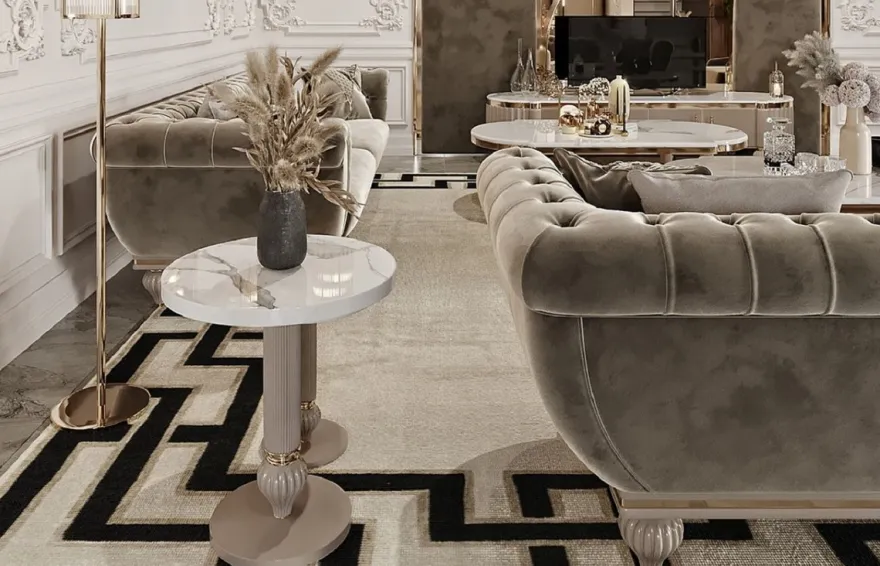 Casa Padrino Luxus Art Deco Chesterfield Sofa Grau / Gold - Prunkvolles Wohnzimmer Sofa - Art Deco Wohnzimmer Möbel