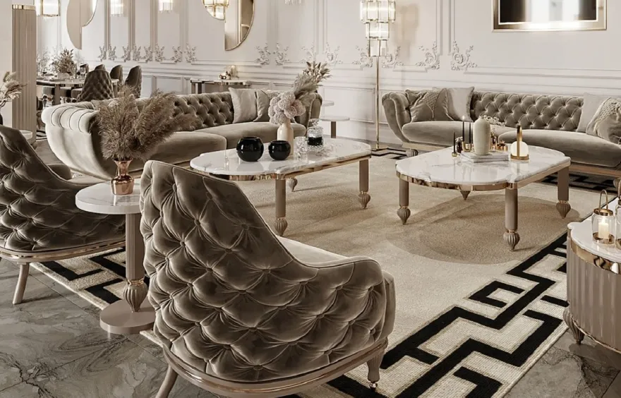 Casa Padrino Luxus Art Deco Chesterfield Sofa Grau / Gold - Prunkvolles Wohnzimmer Sofa - Art Deco Wohnzimmer Möbel