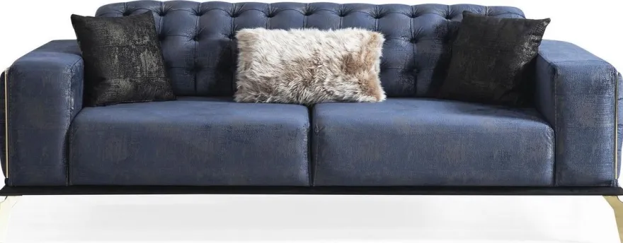 Casa Padrino Luxus Art Deco Chesterfield Sofa Blau / Grau / Schwarz / Messingfarben 236 x 99 x H. 86 cm - Edles Wohnzimmer Sofa mit dekorativen Kissen - Luxus Qualität