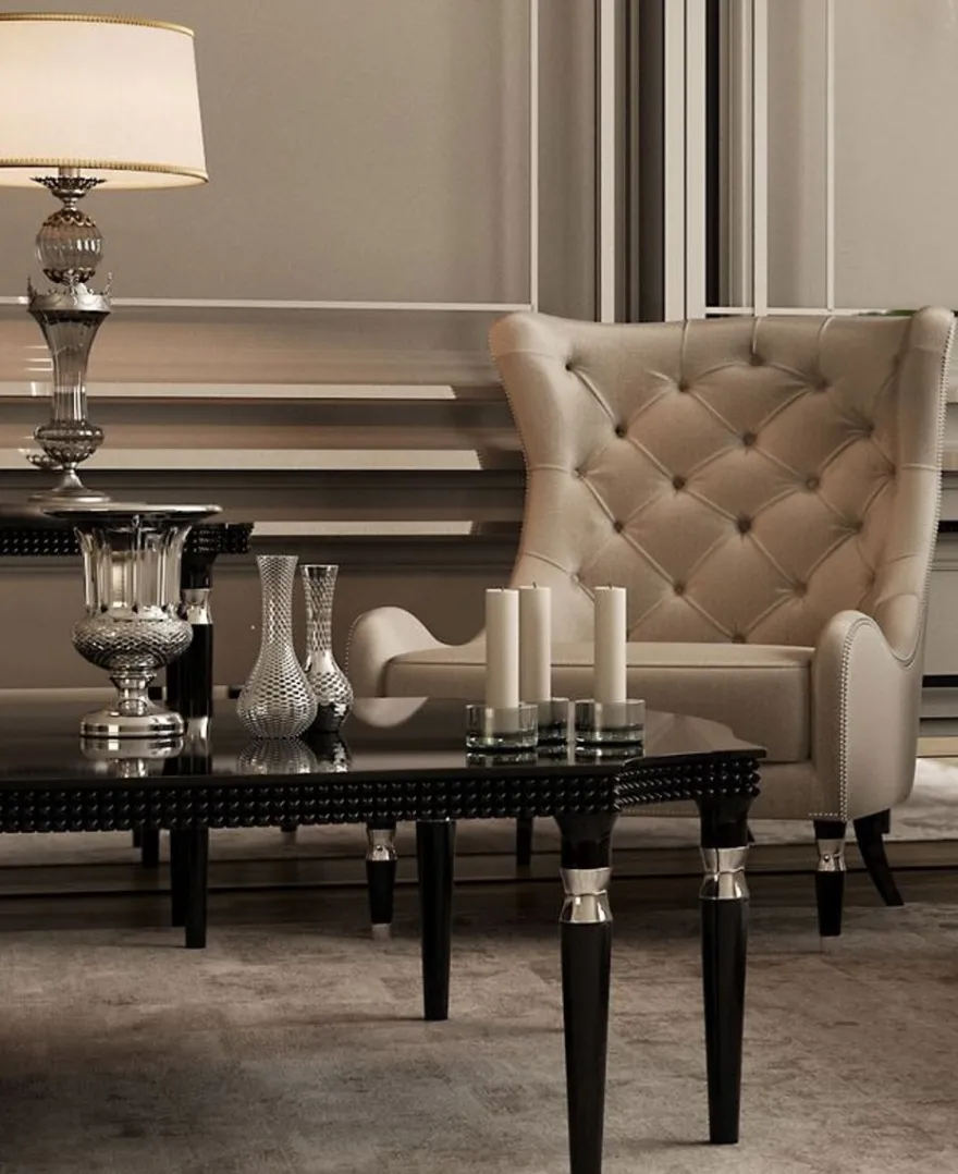 Casa Padrino Luxus Art Deco Chesterfield Ohrensessel Grau / Schwarz / Silber 90 x 75 x H. 105 cm - Wohnzimmer Sessel - Luxus Qualität