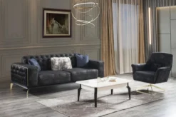 Casa Padrino Luxus Art Deco Chesterfield Sofa Schwarz / Grau / Messingfarben 236 x 99 x H. 86 cm - Edles Wohnzimmer Sofa mit dekorativen Kissen - Luxus Qualität