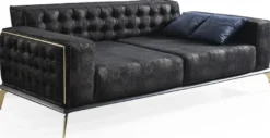 Casa Padrino Luxus Art Deco Chesterfield Sofa Schwarz / Grau / Messingfarben 236 x 99 x H. 86 cm - Edles Wohnzimmer Sofa mit dekorativen Kissen - Luxus Qualität