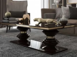 Casa Padrino Luxus Art Deco Couchtisch Dunkelbraun Hochglanz / Gold - Handgefertigter Wohnzimmertisch - Massivholz Tisch - Luxus Qualität - Art Deco Möbel