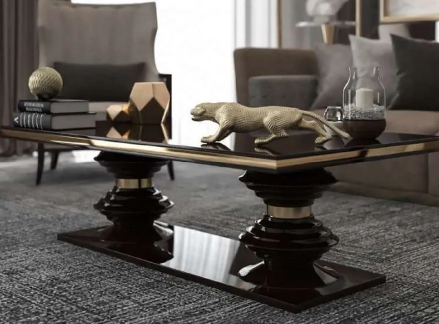 Casa Padrino Luxus Art Deco Couchtisch Dunkelbraun Hochglanz / Gold - Handgefertigter Wohnzimmertisch - Massivholz Tisch - Luxus Qualität - Art Deco Möbel