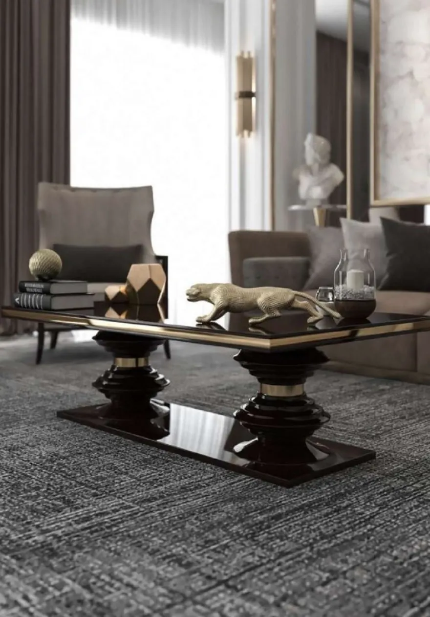 Casa Padrino Luxus Art Deco Couchtisch Dunkelbraun Hochglanz / Gold - Handgefertigter Wohnzimmertisch - Massivholz Tisch - Luxus Qualität - Art Deco Möbel