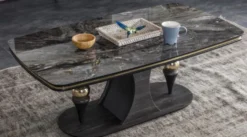 Casa Padrino Luxus Art Deco Couchtisch Schwarz / Grau / Messingfarben 120 x 70 x H. 46 cm - Rechteckiger Wohnzimmertisch mit Glasplatte in Marmoroptik - Möbel