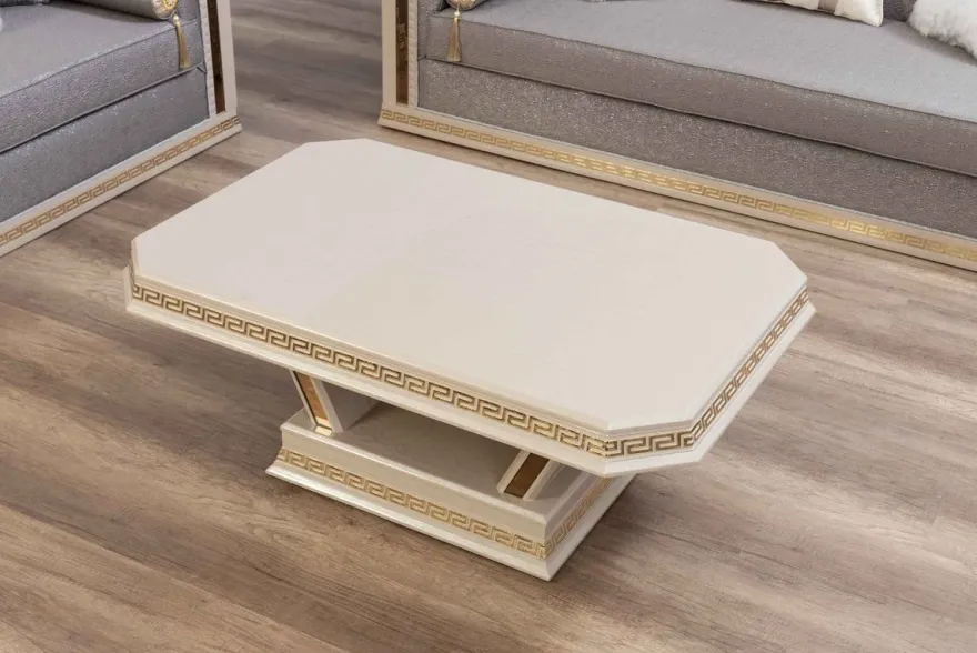 Casa Padrino Luxus Art Deco Couchtisch Cremefarben / Gold - Handgefertigter Massivholz Wohnzimmertisch - Art Deco Wohnzimmer Möbel