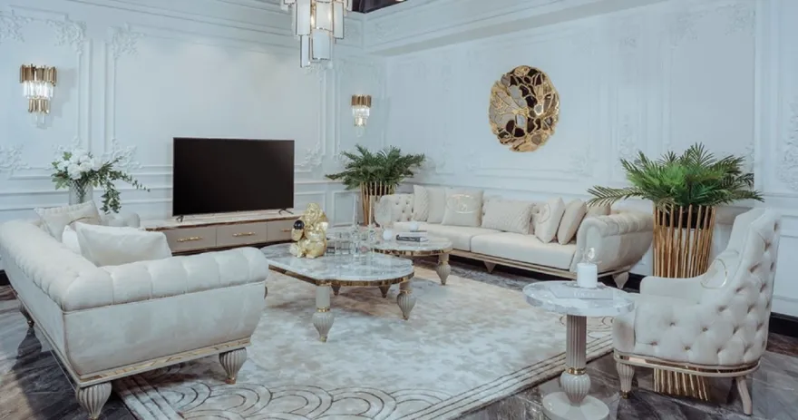 Casa Padrino Luxus Art Deco Couchtisch Grau / Weiß / Gold 160 x 87 x H. 46 cm - Prunkvoller Massivholz Wohnzimmertisch mit Kunstmarmor Tischplatte - Art Deco Wohnzimmer Möbel