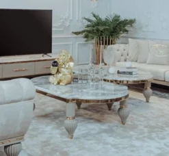 Casa Padrino Luxus Art Deco Couchtisch Grau / Weiß / Gold 160 x 87 x H. 46 cm - Prunkvoller Massivholz Wohnzimmertisch mit Kunstmarmor Tischplatte - Art Deco Wohnzimmer Möbel