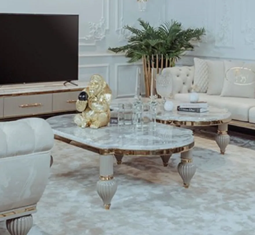 Casa Padrino Luxus Art Deco Couchtisch Grau / Weiß / Gold 160 x 87 x H. 46 cm - Prunkvoller Massivholz Wohnzimmertisch mit Kunstmarmor Tischplatte - Art Deco Wohnzimmer Möbel