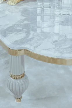 Casa Padrino Luxus Art Deco Couchtisch Grau / Weiß / Gold 160 x 87 x H. 46 cm - Prunkvoller Massivholz Wohnzimmertisch mit Kunstmarmor Tischplatte - Art Deco Wohnzimmer Möbel