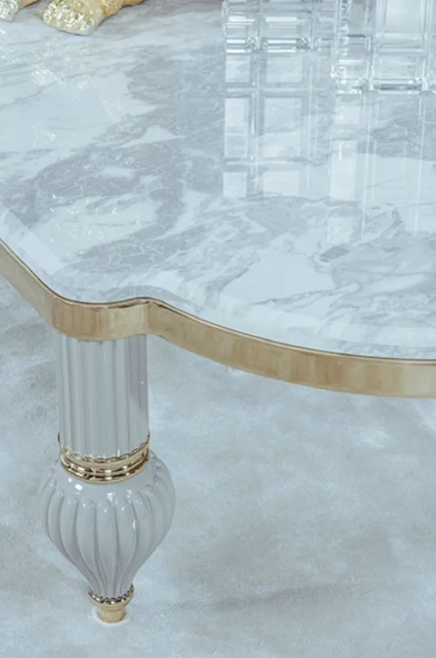 Casa Padrino Luxus Art Deco Couchtisch Grau / Weiß / Gold 160 x 87 x H. 46 cm - Prunkvoller Massivholz Wohnzimmertisch mit Kunstmarmor Tischplatte - Art Deco Wohnzimmer Möbel