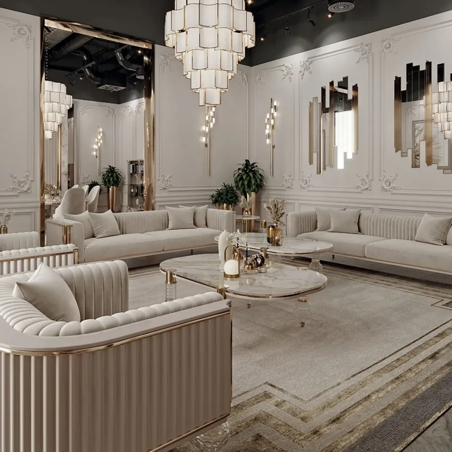Casa Padrino Luxus Art Deco Couchtisch Weiß / Grau / Gold 120 x 70 x H. 49 cm - Wohnzimmertisch mit edler Kunstmarmor Tischplatte - Art Deco Wohnzimmer Möbel - Luxus Wohnzimmer Möbel