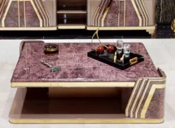Casa Padrino Luxus Art Deco Couchtisch Lila / Grau / Gold - Wohnzimmertisch mit Tischplatte in Marmoroptik - Art Deco Wohnzimmer Möbel