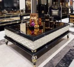 Casa Padrino Luxus Art Deco Couchtisch Schwarz / Cremefarben / Gold - Prunkvoller Massivholz Wohnzimmertisch - Luxus Art Deco Wohnzimmer Möbel