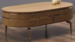 Casa Padrino Luxus Art Deco Couchtisch Hellbraun / Gold 120 x 67 x H. 42 cm - Ovaler Wohnzimmertisch mit Schublade - Wohnzimmer Möbel - Art Deco Möbel - Luxus Möbel