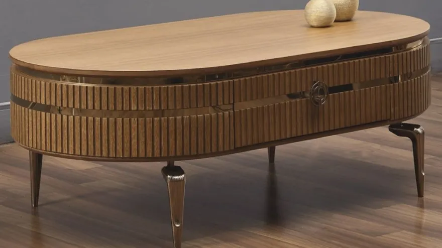 Casa Padrino Luxus Art Deco Couchtisch Hellbraun / Gold 120 x 67 x H. 42 cm - Ovaler Wohnzimmertisch mit Schublade - Wohnzimmer Möbel - Art Deco Möbel - Luxus Möbel