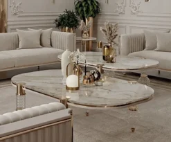 Casa Padrino Luxus Art Deco Couchtisch Weiß / Grau / Gold 160 x 91 x H. 49 cm - Wohnzimmertisch mit edler Kunstmarmor Tischplatte - Art Deco Wohnzimmer Möbel - Luxus Wohnzimmer Möbel