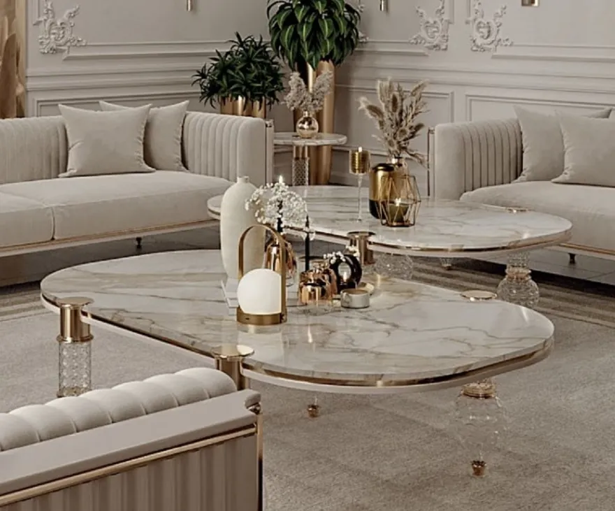 Casa Padrino Luxus Art Deco Couchtisch Weiß / Grau / Gold 160 x 91 x H. 49 cm - Wohnzimmertisch mit edler Kunstmarmor Tischplatte - Art Deco Wohnzimmer Möbel - Luxus Wohnzimmer Möbel