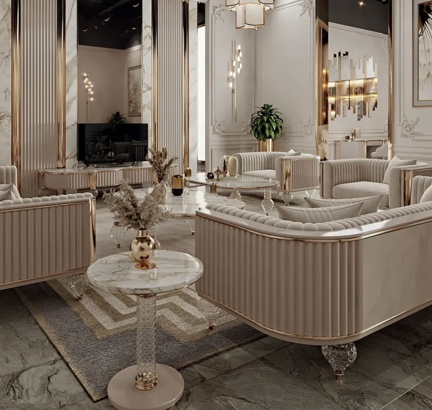 Casa Padrino Luxus Art Deco Couchtisch Weiß / Grau / Gold 160 x 91 x H. 49 cm - Wohnzimmertisch mit edler Kunstmarmor Tischplatte - Art Deco Wohnzimmer Möbel - Luxus Wohnzimmer Möbel