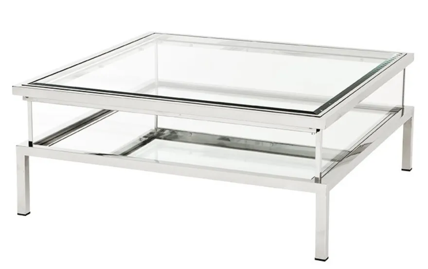 Casa Padrino Luxus Art Deco Designer Couchtisch aus Edelstahl poliert mit Spiegelglas, 99,5 x 99,5 x 41 cm, Silber