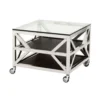 Casa Padrino Luxus Art Deco Designer Beistelltisch mit Glasplatte, polierter Stahl und schwarze Leder-Optik, 65 x 65 x H. 50 cm