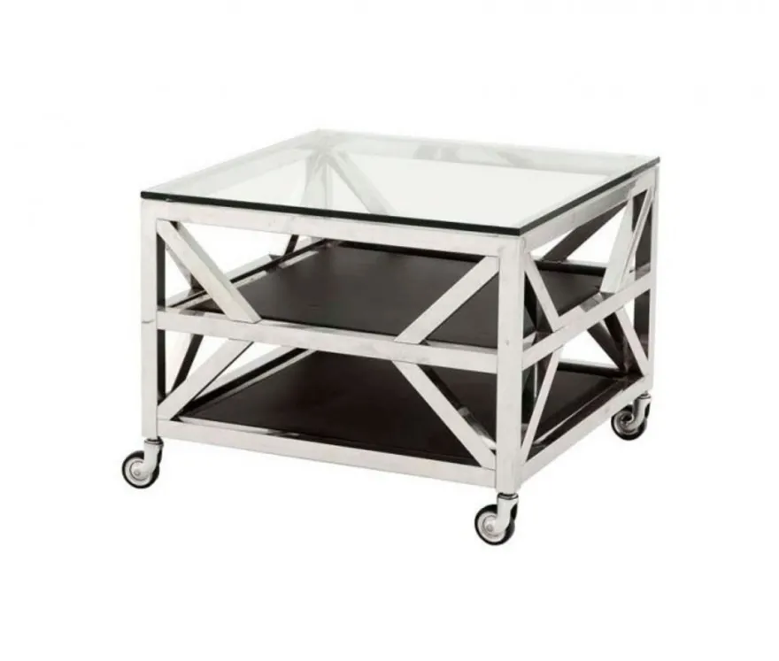 Casa Padrino Luxus Art Deco Designer Beistelltisch mit Glasplatte, polierter Stahl und schwarze Leder-Optik, 65 x 65 x H. 50 cm