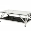 Casa Padrino Luxus Art Deco Designer Couchtisch - 140 x 80 x H. 50 cm - Wohnzimmertisch in poliertem Edelstahl und schwarzer Lederoptik