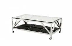 Casa Padrino Luxus Art Deco Designer Couchtisch - 140 x 80 x H. 50 cm - Wohnzimmertisch in poliertem Edelstahl und schwarzer Lederoptik
