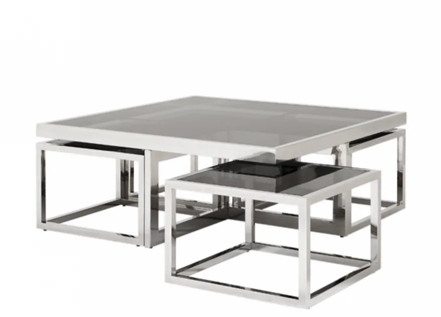 Casa Padrino Luxus Art Deco Designer Couchtisch 5er Set - Rauchglas - Polierter rostfreier Stahl - 100 x 100 x H. 40 cm / 48 x 48 x H. 33 cm