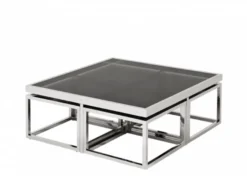 Casa Padrino Luxus Art Deco Designer Couchtisch 5er Set - Rauchglas - Polierter rostfreier Stahl - 100 x 100 x H. 40 cm / 48 x 48 x H. 33 cm