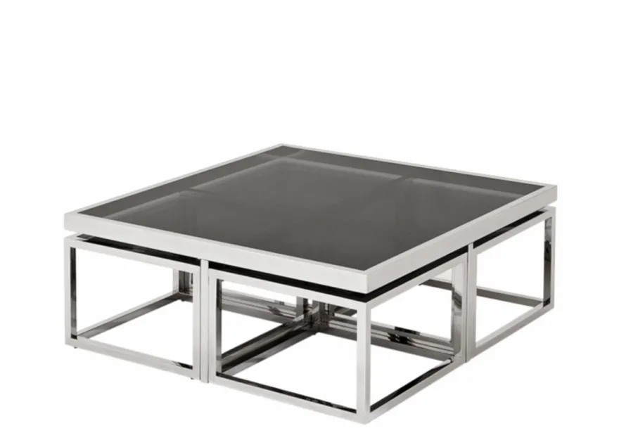 Casa Padrino Luxus Art Deco Designer Couchtisch 5er Set - Rauchglas - Polierter rostfreier Stahl - 100 x 100 x H. 40 cm / 48 x 48 x H. 33 cm