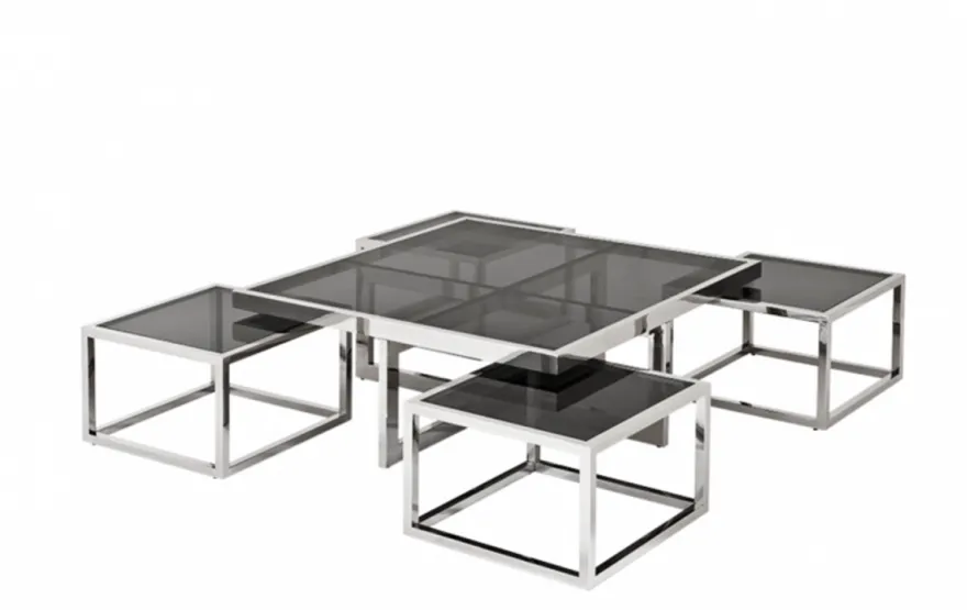 Casa Padrino Luxus Art Deco Designer Couchtisch 5er Set - Rauchglas - Polierter rostfreier Stahl - 100 x 100 x H. 40 cm / 48 x 48 x H. 33 cm