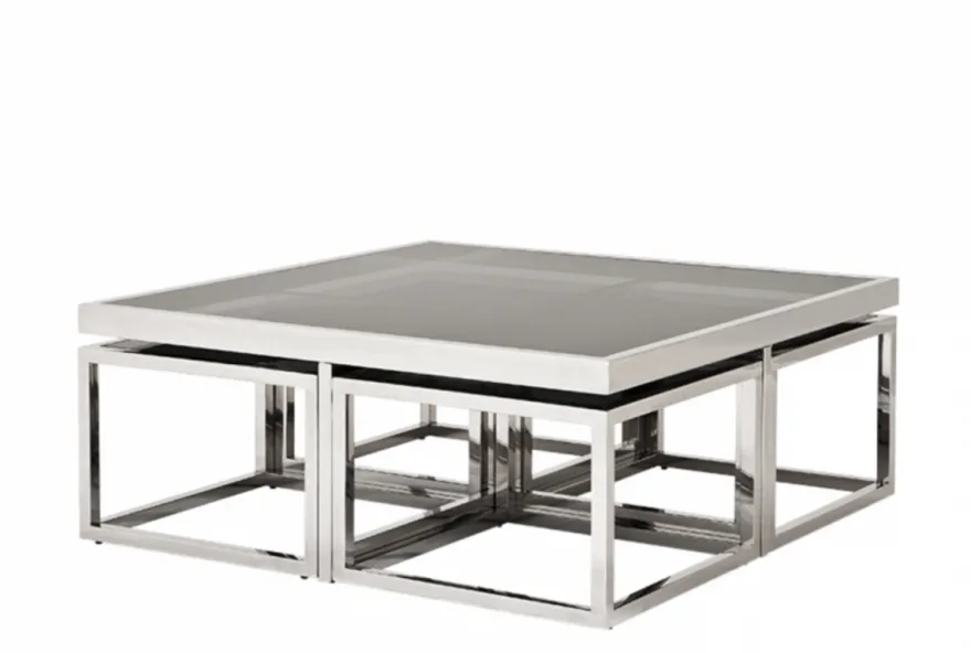 Casa Padrino Luxus Art Deco Designer Couchtisch 5er Set - Rauchglas - Polierter rostfreier Stahl - 100 x 100 x H. 40 cm / 48 x 48 x H. 33 cm